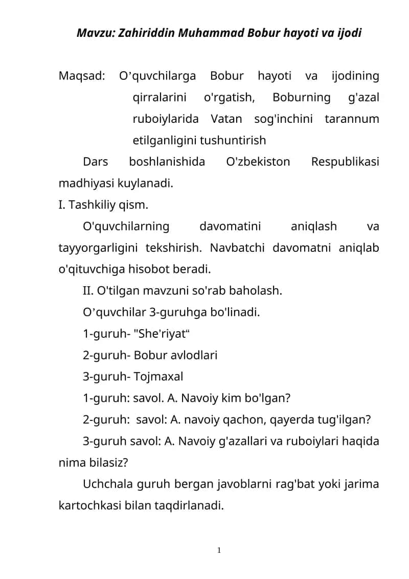 Zahiriddin Muhammad Bobur hayoti va ijodi 1