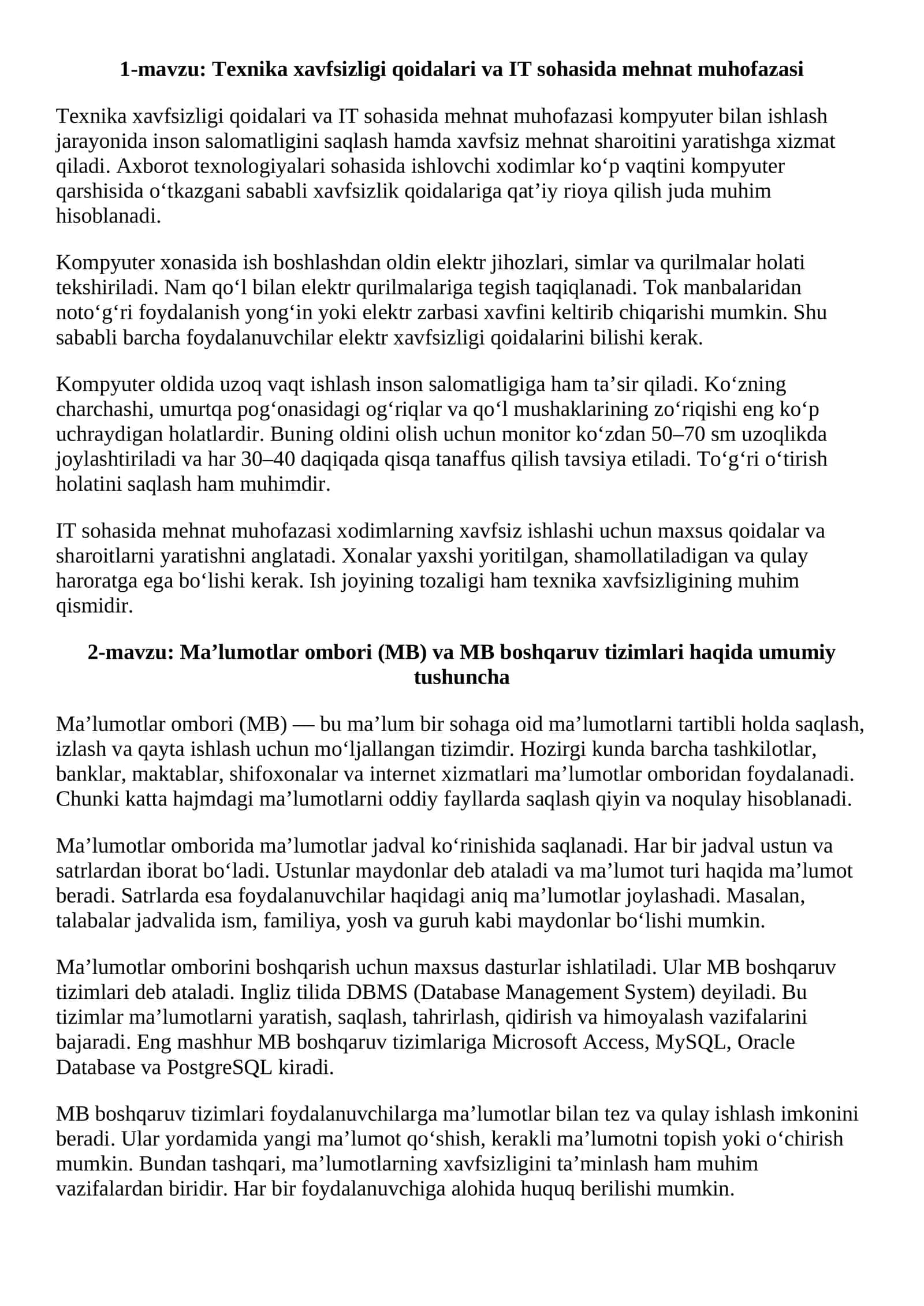 Texnika xavfsizligi qoidalari va IT sohasida mehnat muhofazasi 1