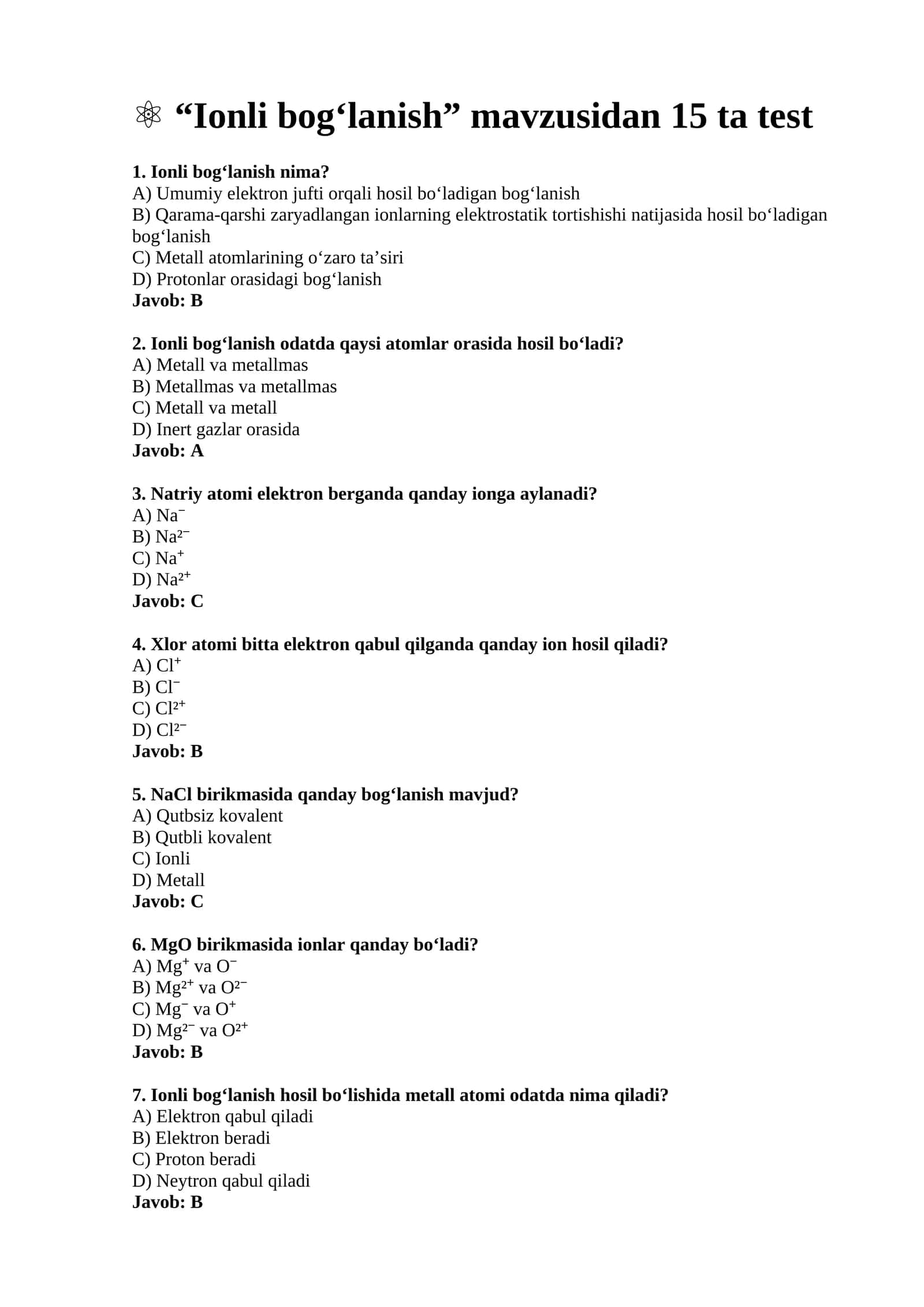 Ionli bog‘lanish test 1