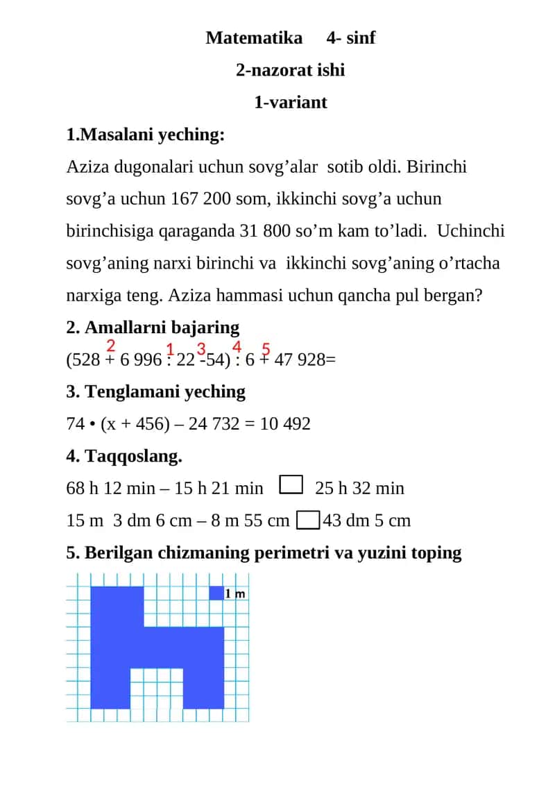 Matematika 4- sinf 2-nazorat ishi 1