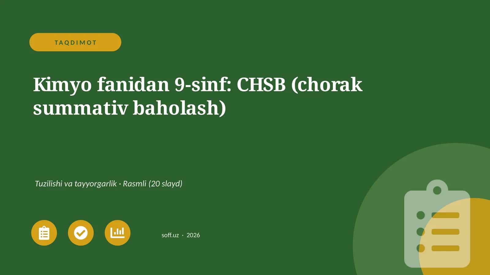 Kimyo fanidan 9-sinf: CHSB (chorak summativ baholash) 1