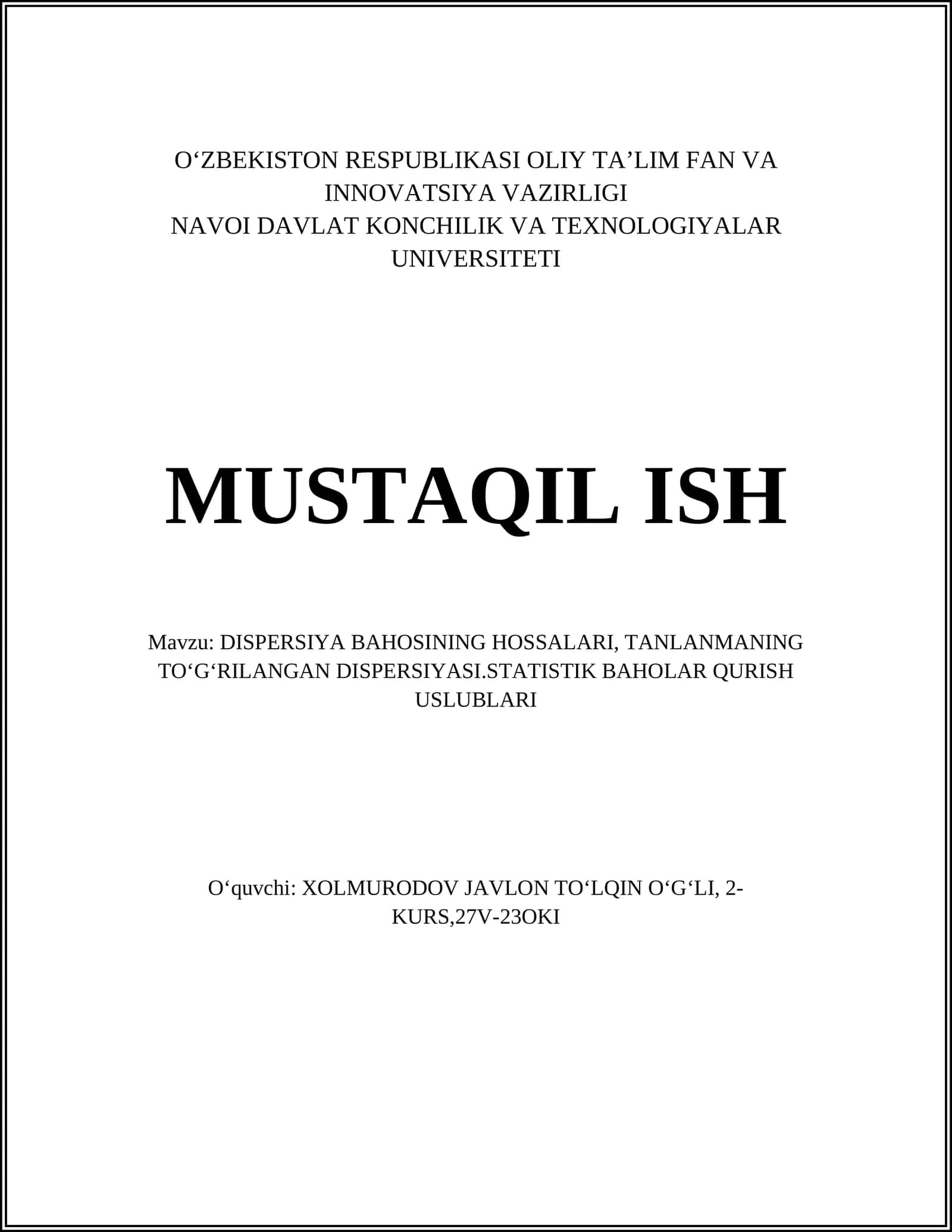 DISPERSIYA BAHOSINING HOSSALARI 1