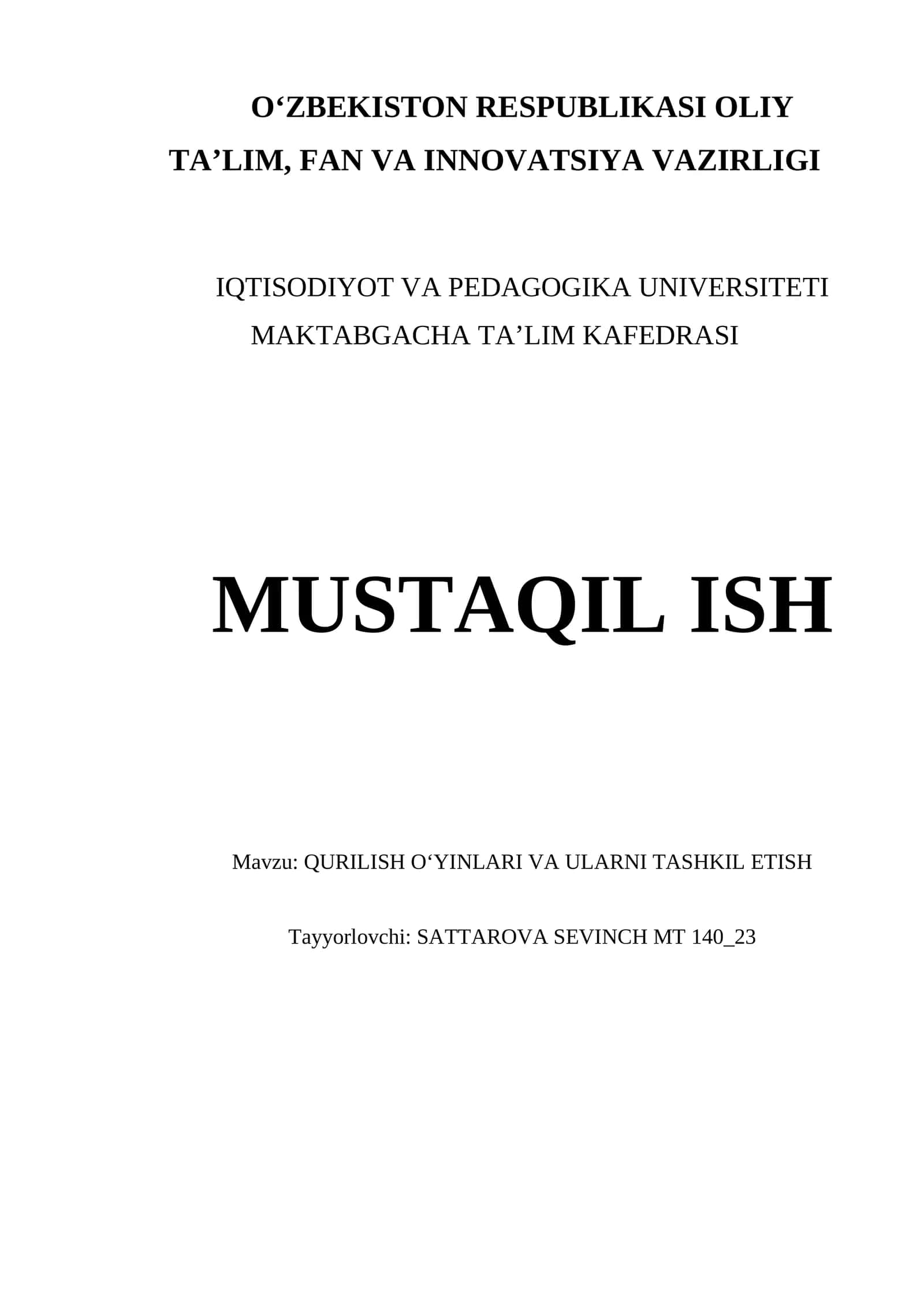 QURILISH OʻYINLARI VA ULARNI TASHKIL ETISH 1