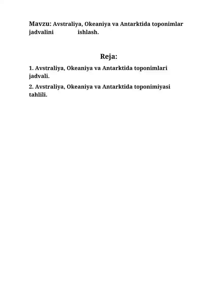Avstraliya, Okeaniya va Antarktida toponimlar jadvalini ishlash.