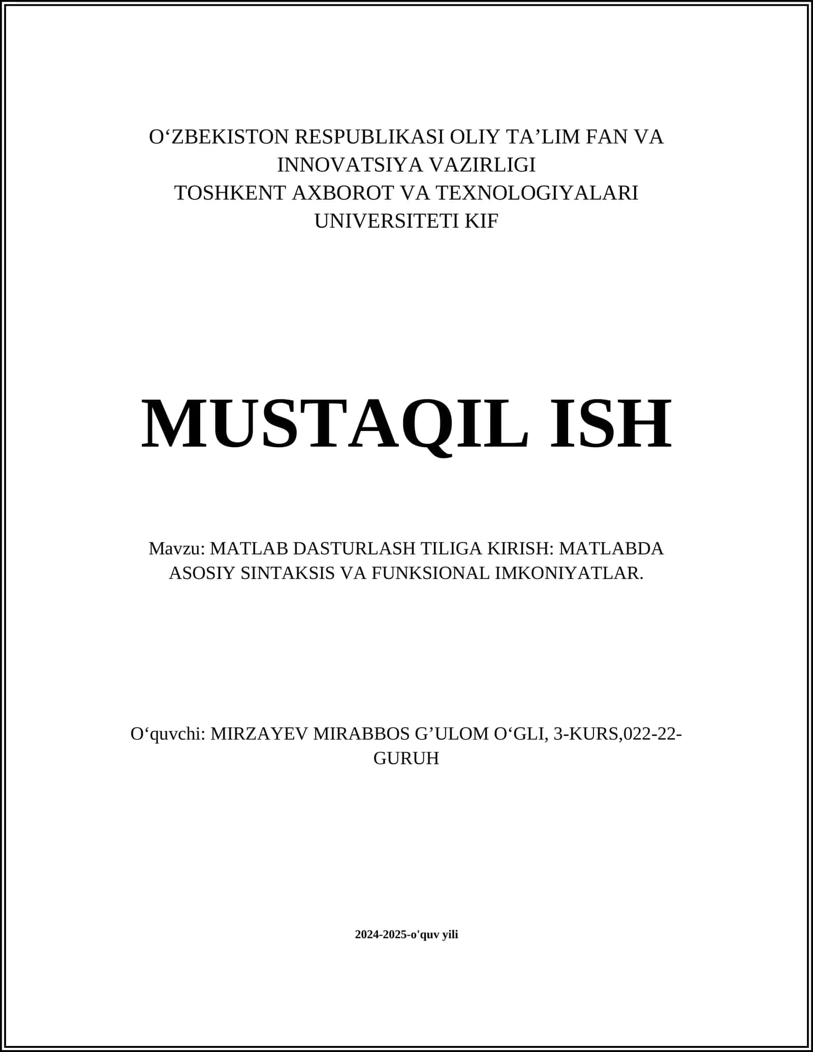 MATLAB DASTURLASH TILIGA KIRISH 1