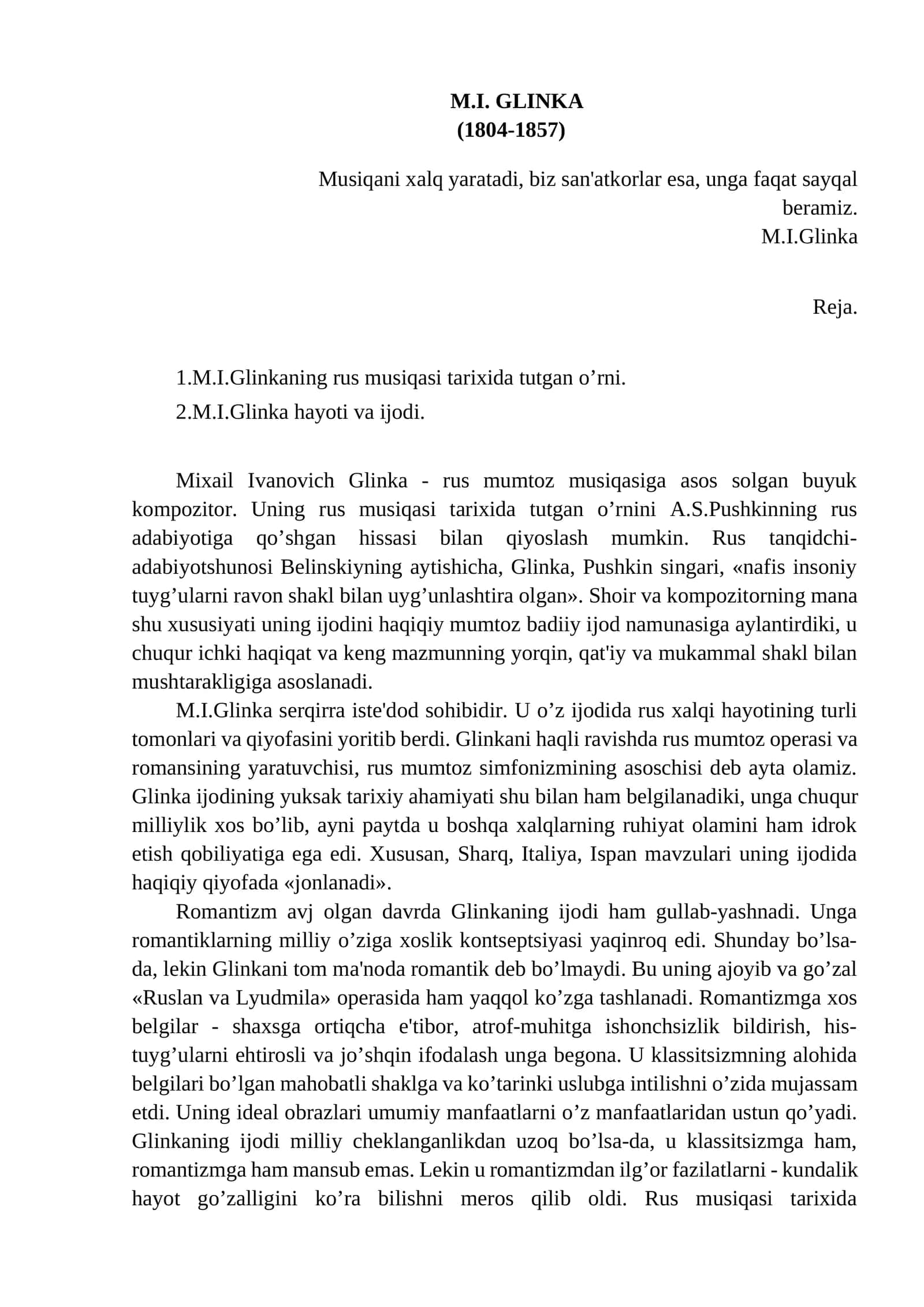 M.I.GLINKA ijodi va musiqasi 1