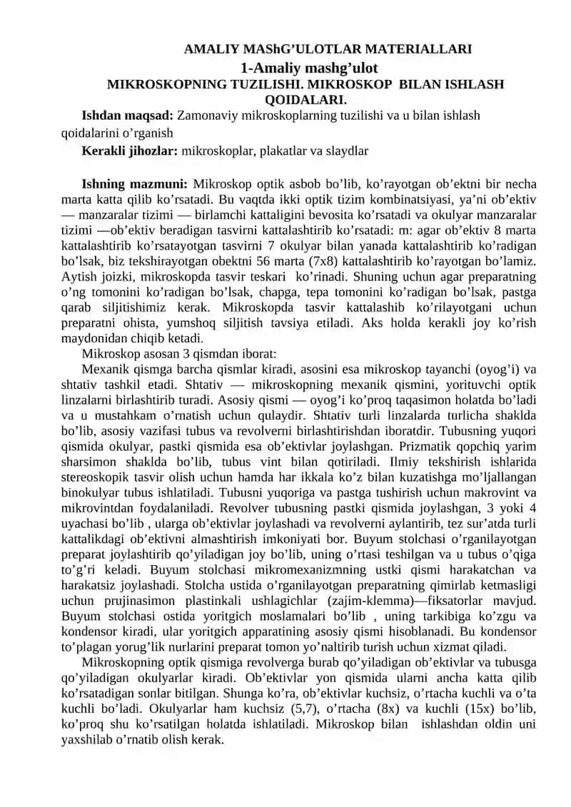 MIKROSKOPNING TUZILISHI. MIKROSKOP BILAN ISHLASH QOIDALARI.