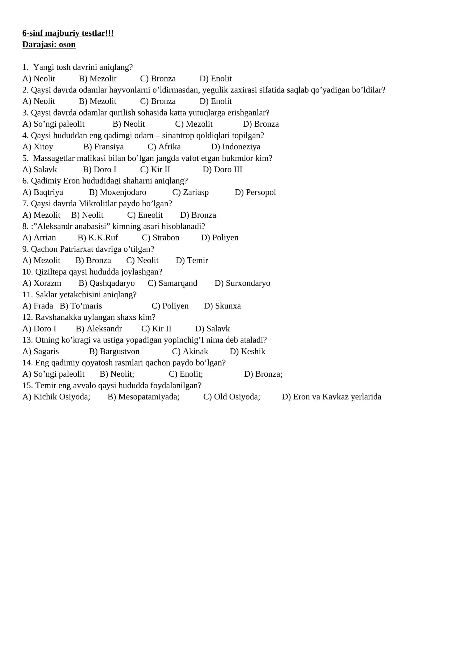 6-sinf majburiy testlar!!! 1