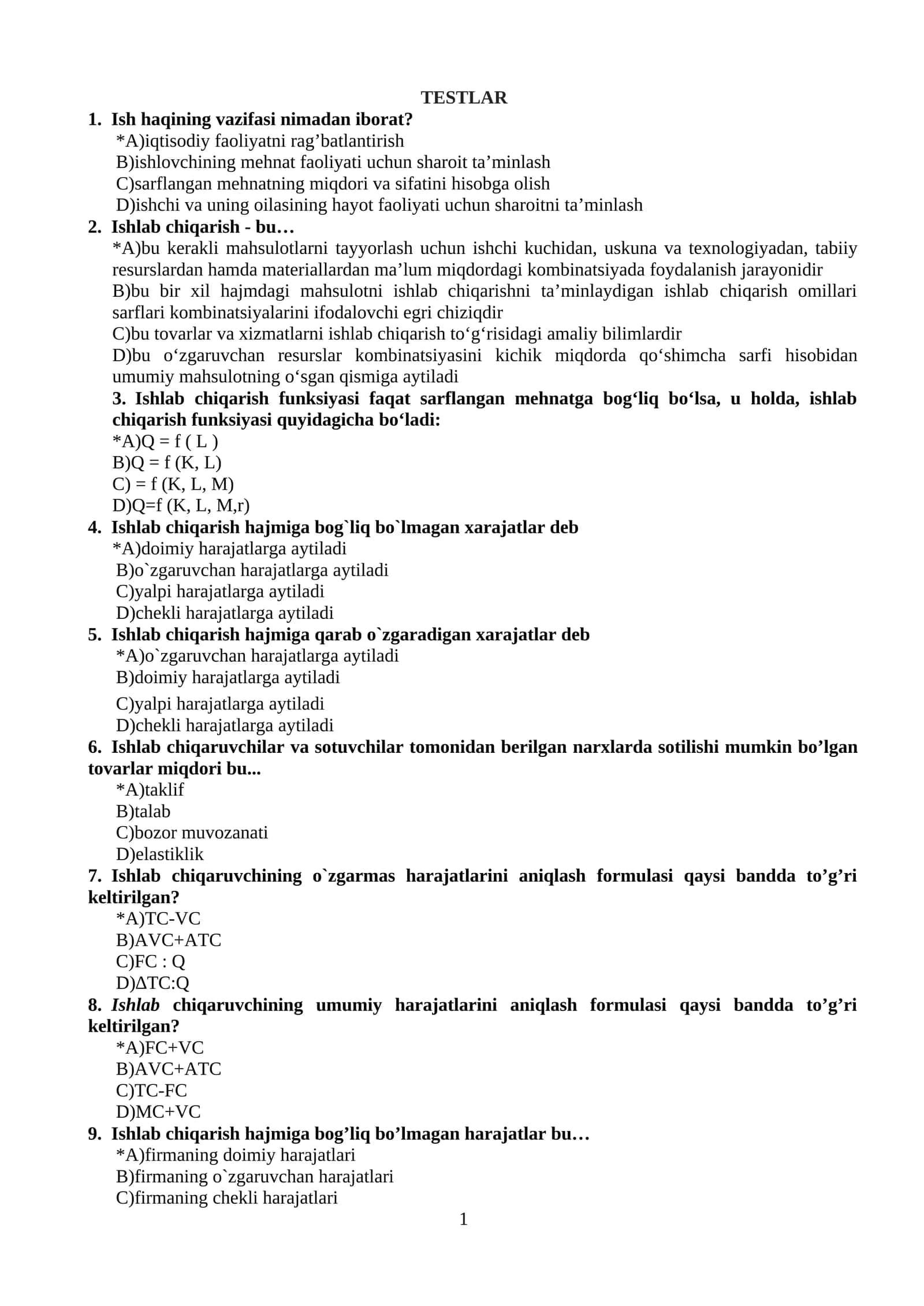 TESTLAR Mikroiqtisodiyot 1