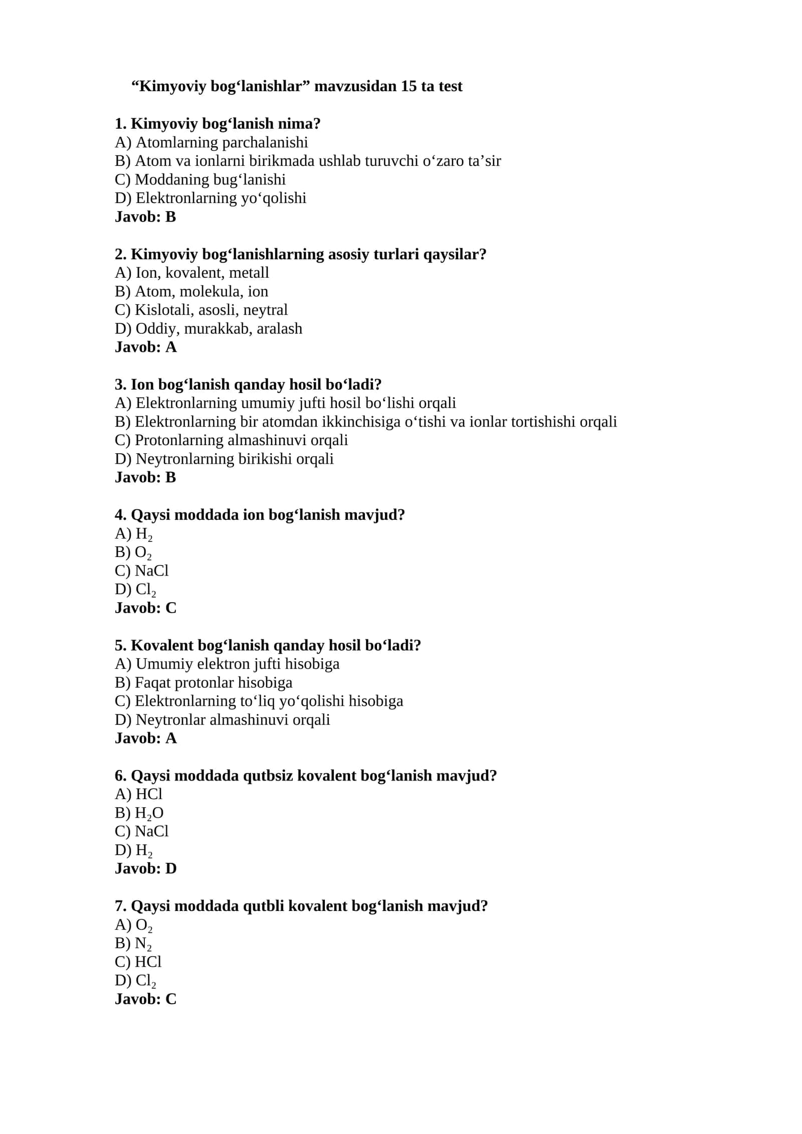 Kimyoviy bog‘lanishlar test savollari 1