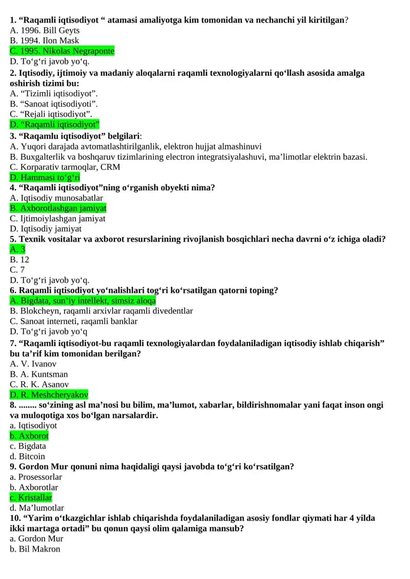 Raqamli iqtisodiyot fanidan test 1