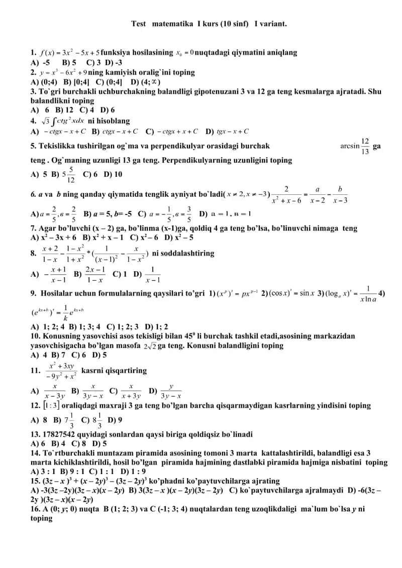 Matematikadan Olimpiada savollari 1