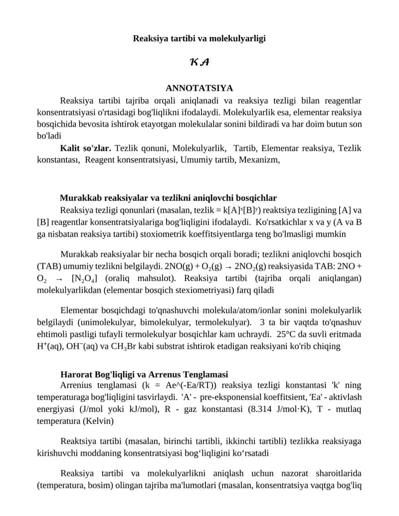 Reaksiya tartibi va molekulyarligi 1