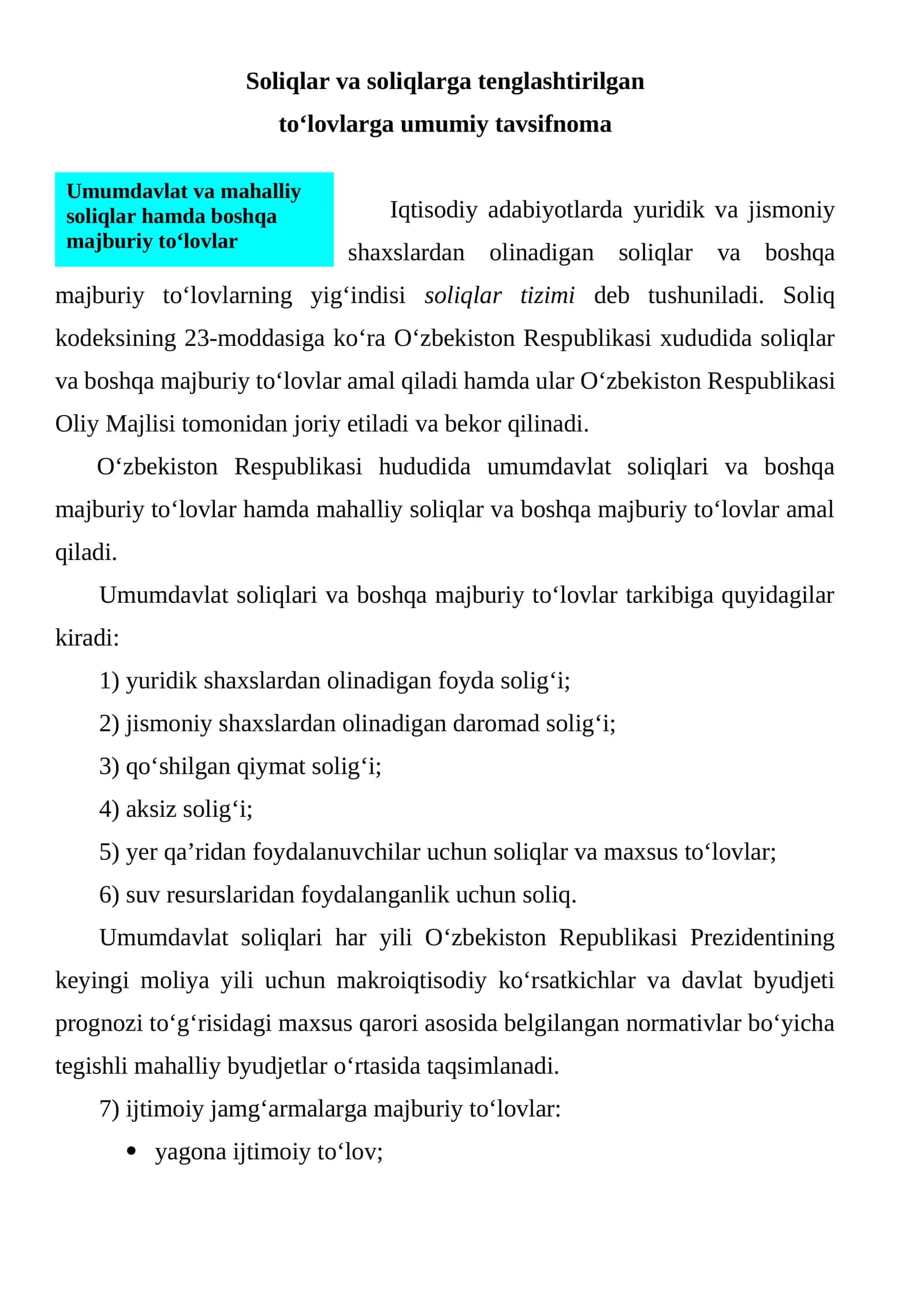 Soliqlar va soliqlarga tenglashtirilgan to‘lovlarga umumiy tavsifnoma 1