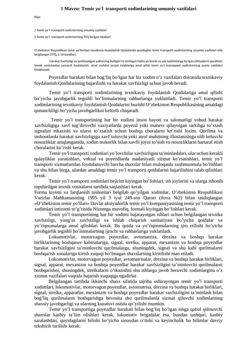 Temir yo`l transporti xodimlarining umumiy vazifalari 1