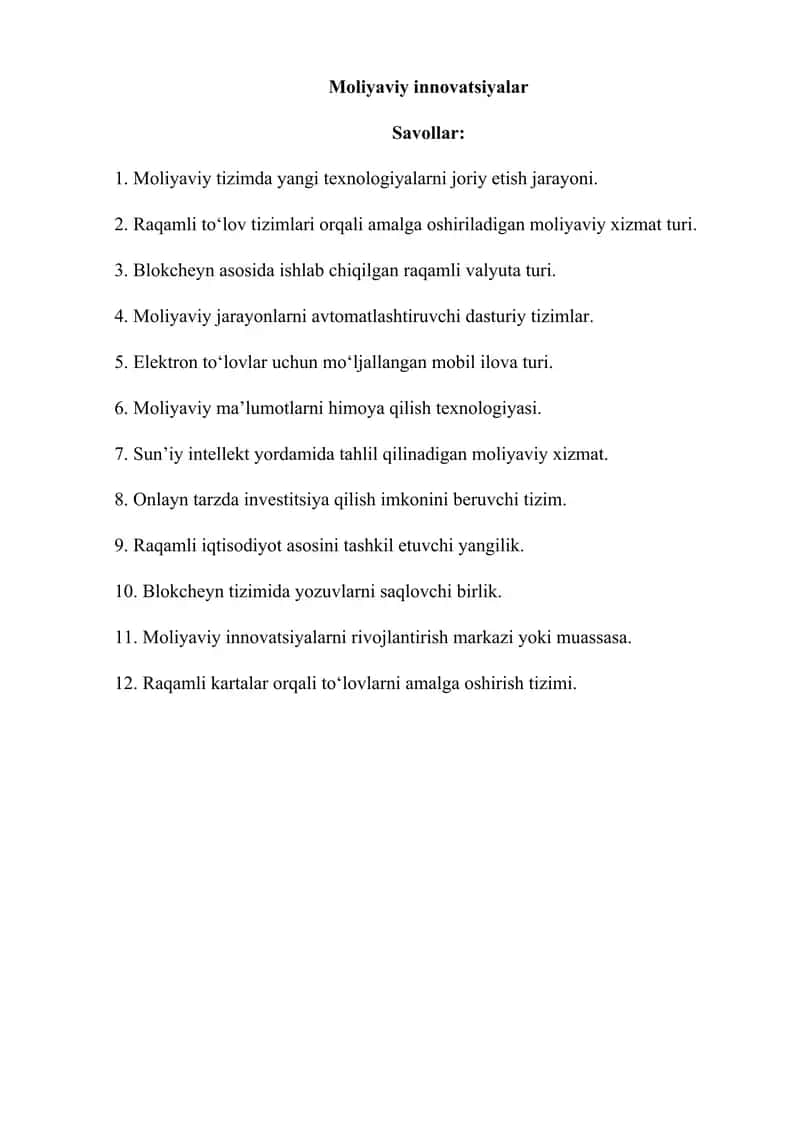 Moliyaviy innovatsiyalar(12 ta krassvord) 1