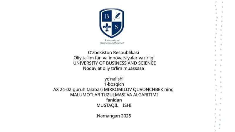 MALUMOTLAR TUZULMASI VA ALGARITIMI 1