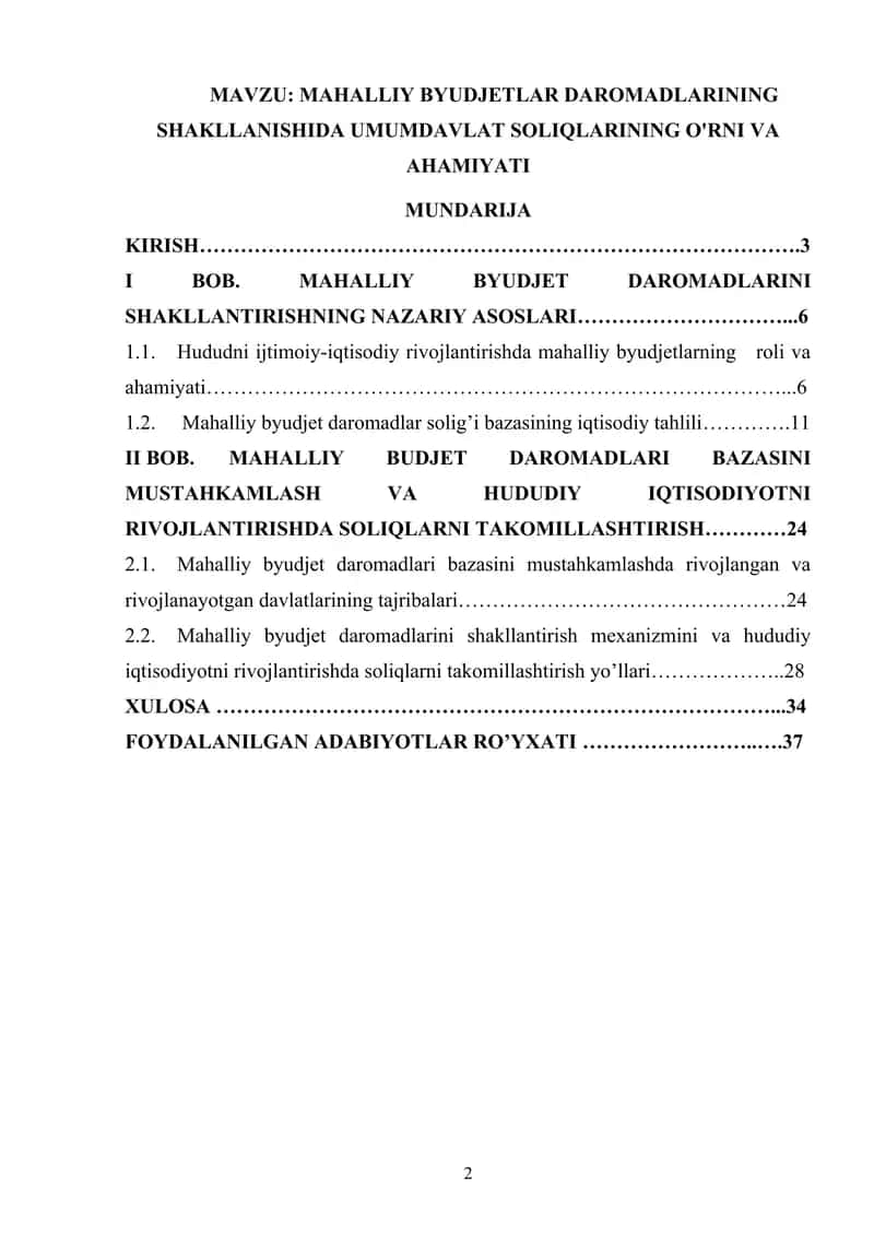 MAHALLIY BYUDJETLAR DAROMADLARINING SHAKLLANISHIDA UMUMDAVLAT SOLIQLARINING O'RNI VA AHAMIYATI 1