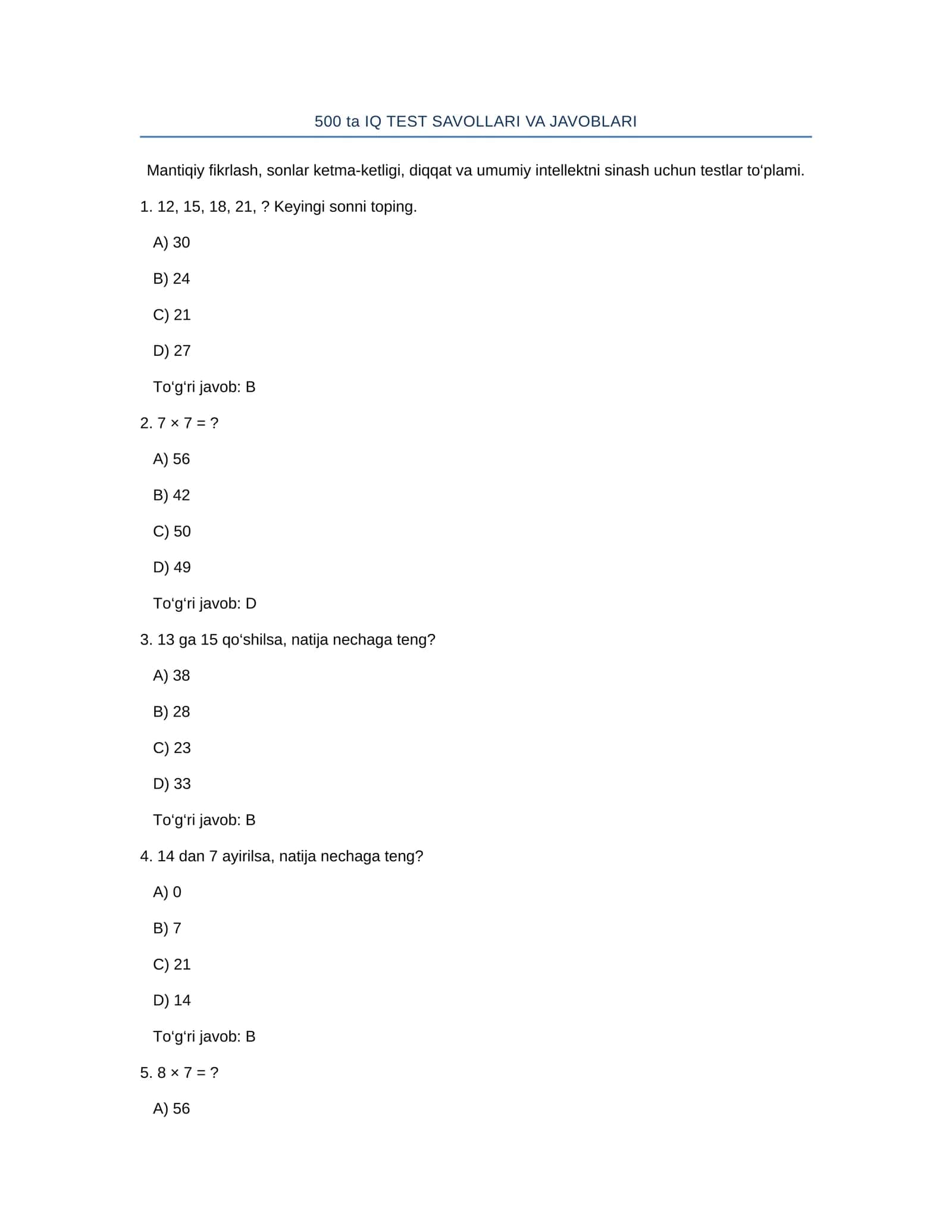 500 ta IQ TEST SAVOLLARI VA JAVOBLARI 1