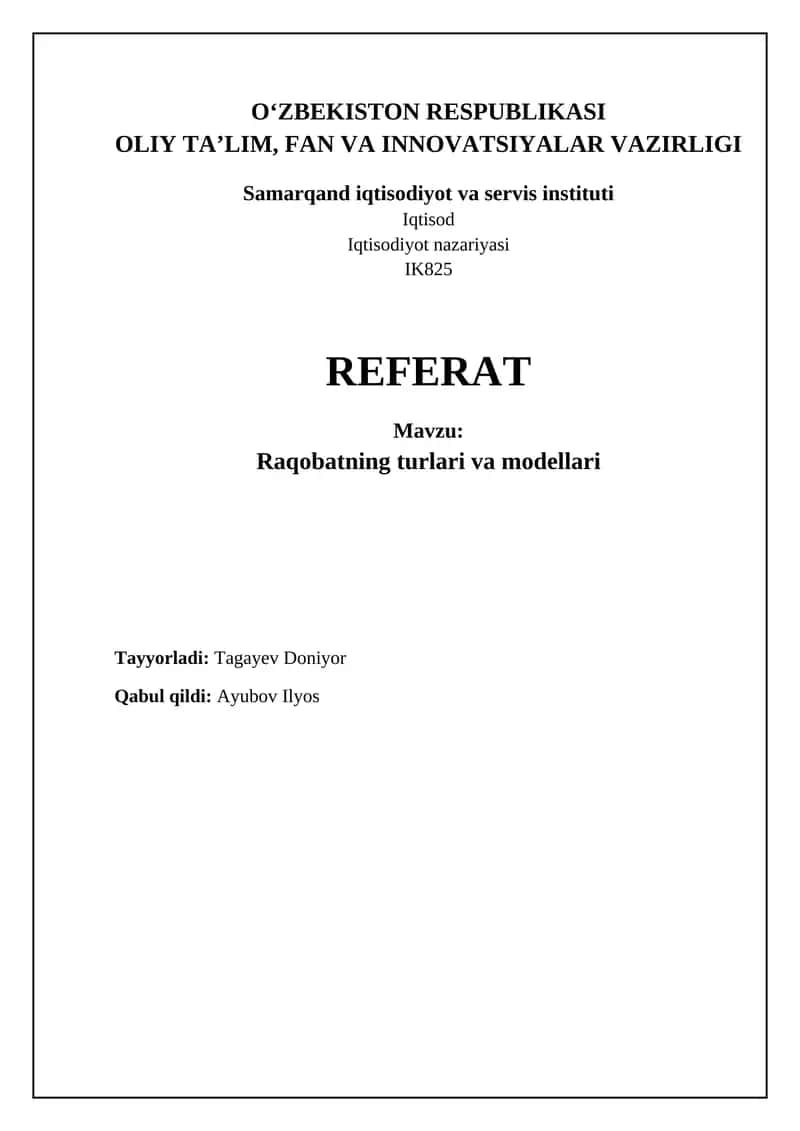 Raqobat turlari va modellari 1