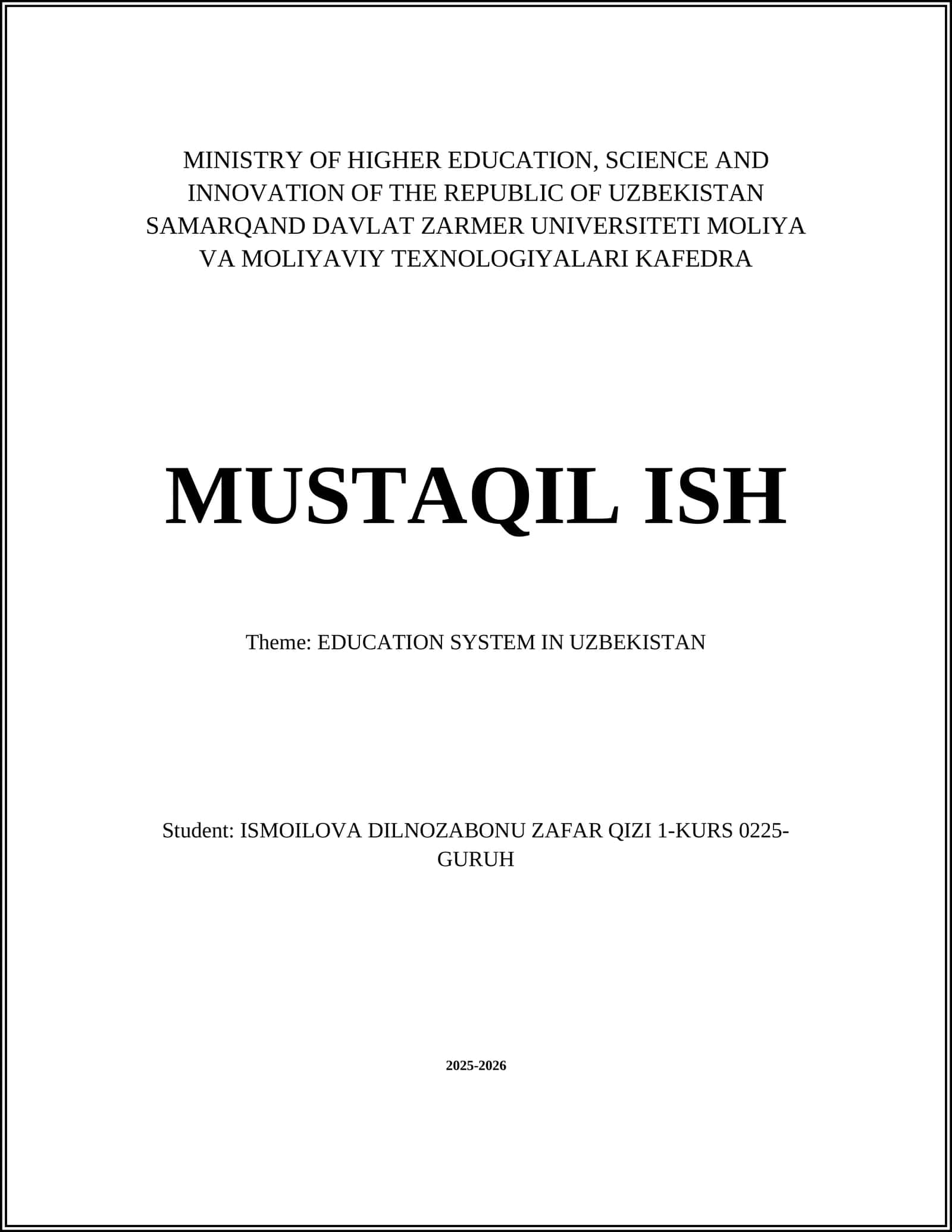 Theme: EDUCATION SYSTEM IN UZBEKISTAN 1