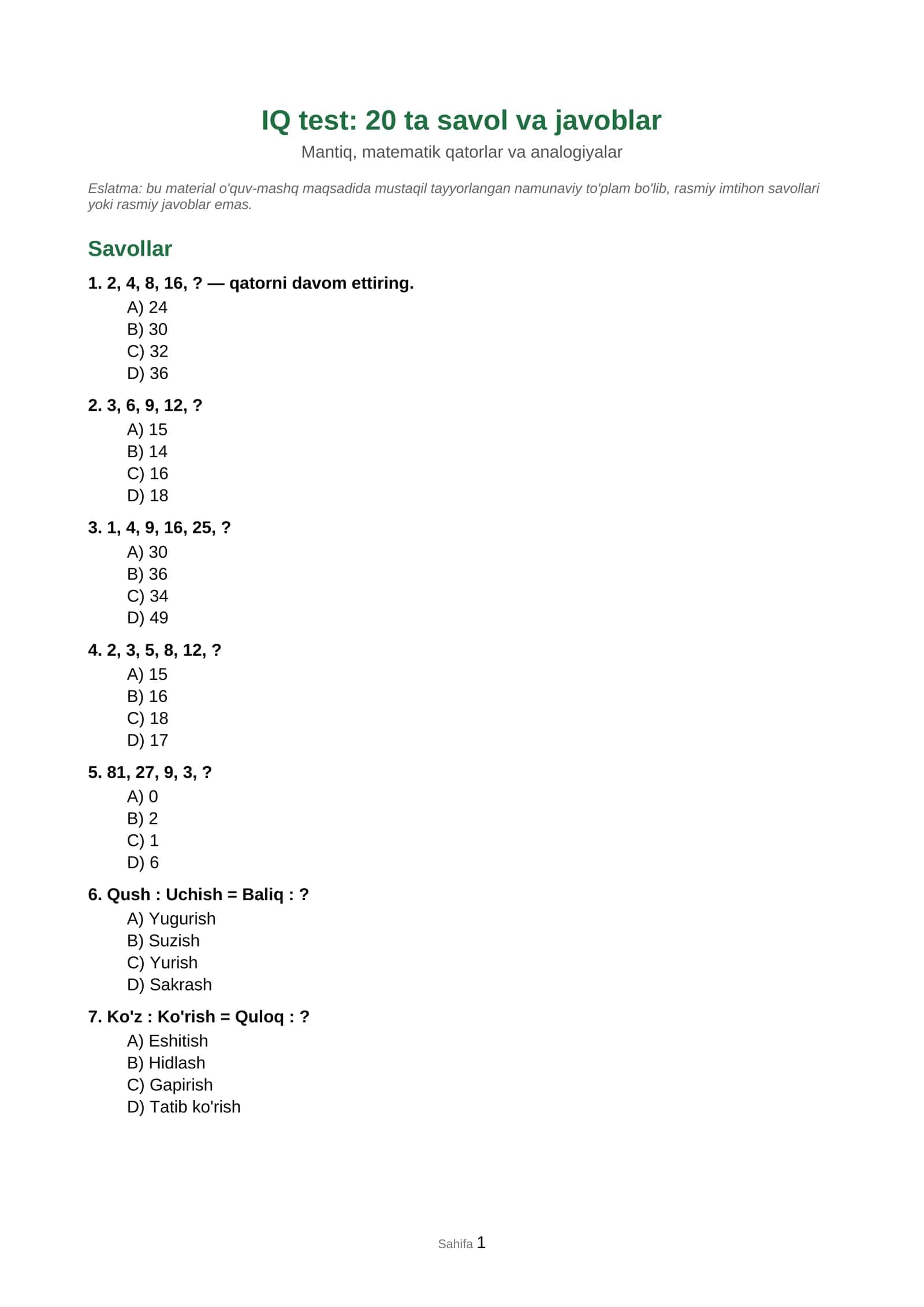 IQ test: 20 ta savol va javoblar 1