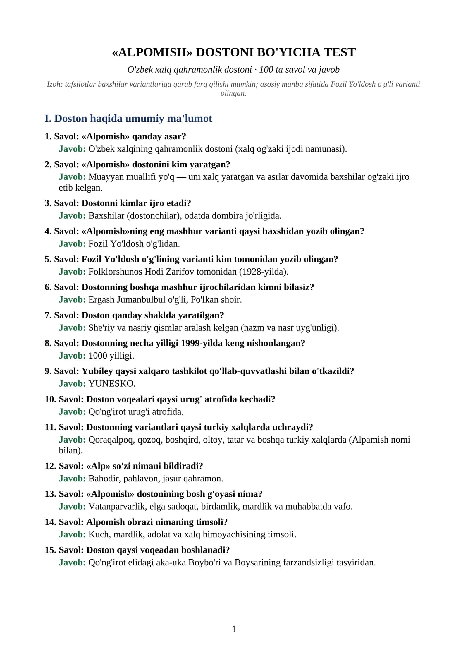 Alpomish dostoni bo'yicha 100 ta savol-javoblar 1