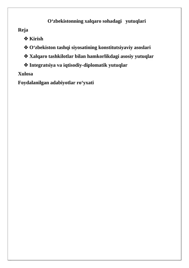 O‘zbekistonning xalqaro sohadagi yutuqlari 1