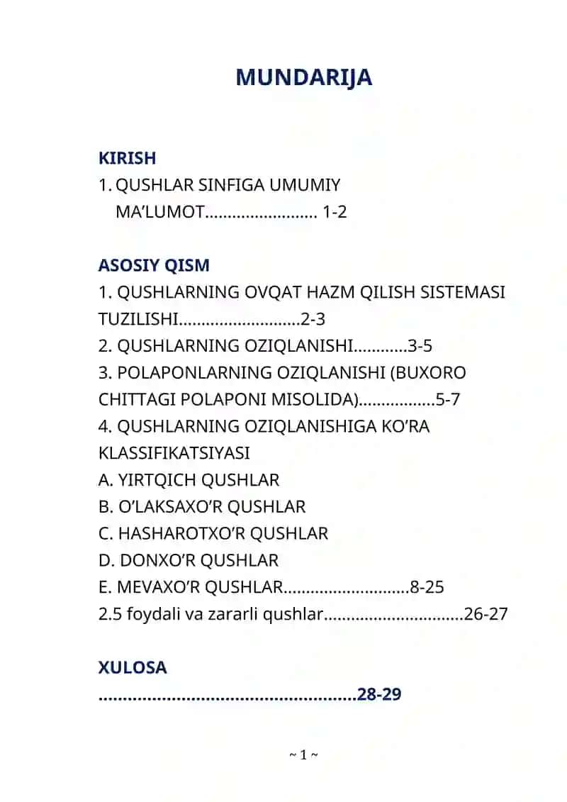 Qushlar sinfi Kurs ishi