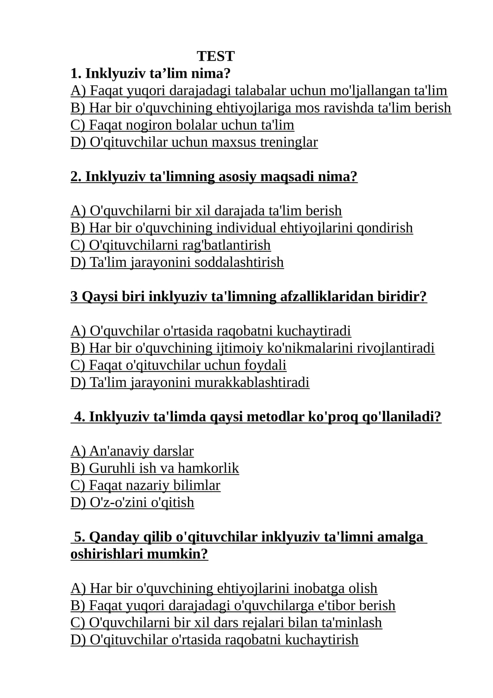 Inklyuziv ta’lim boʻyicha test 1