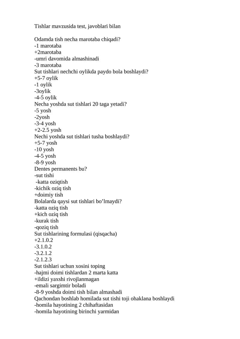 Tishlar mavzusida test, javoblari bilan 1