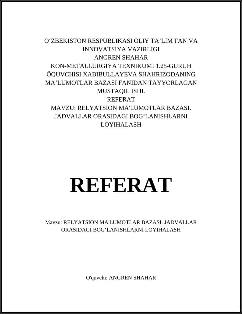 Relyatsion ma'lumotlar bazasi 1