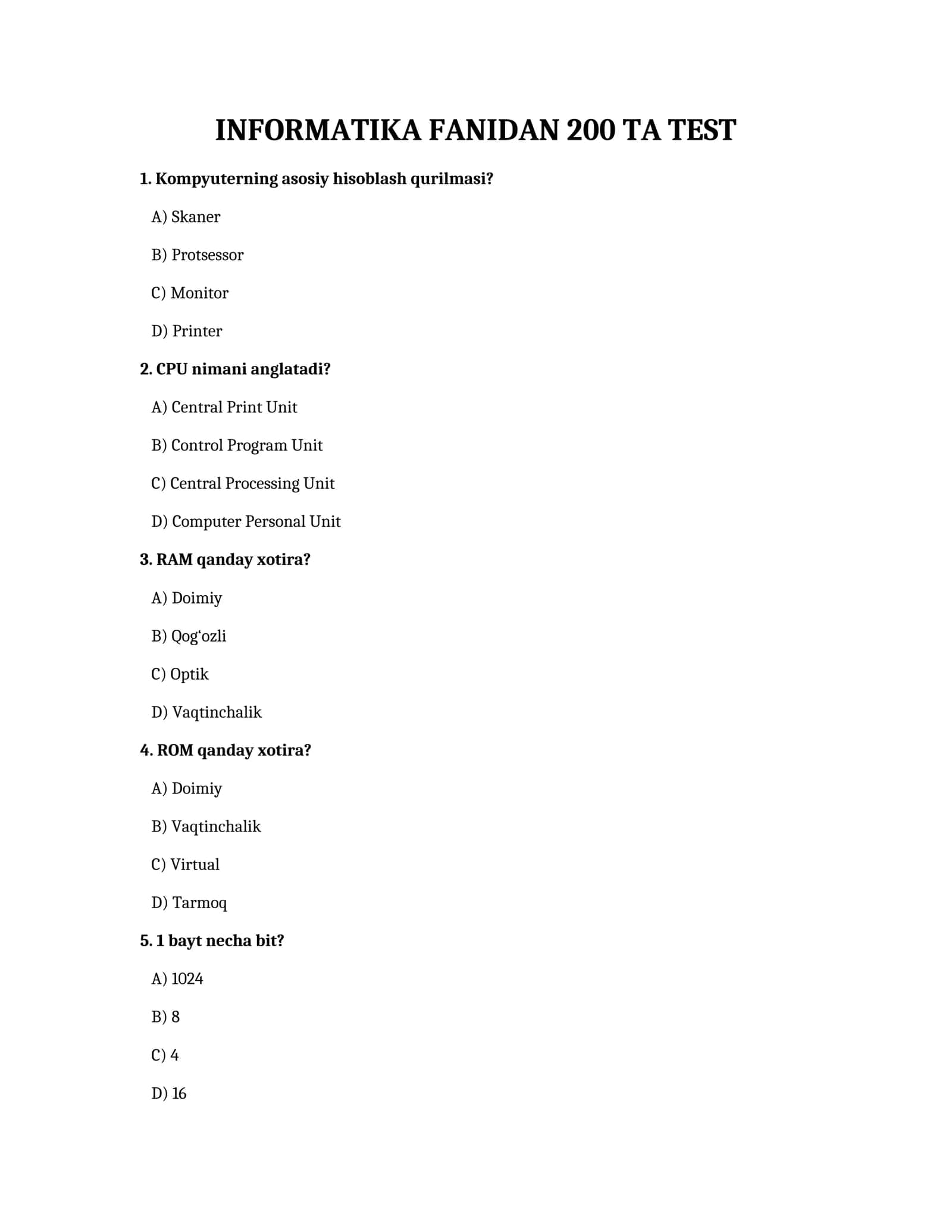 Informatika fanidan 200 ta test — javoblari bilan 1