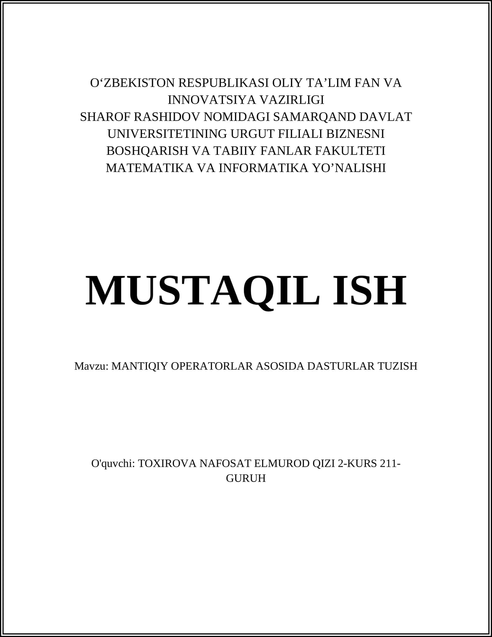 MANTIQIY OPERATORLAR ASOSIDA DASTURLAR TUZISH 1