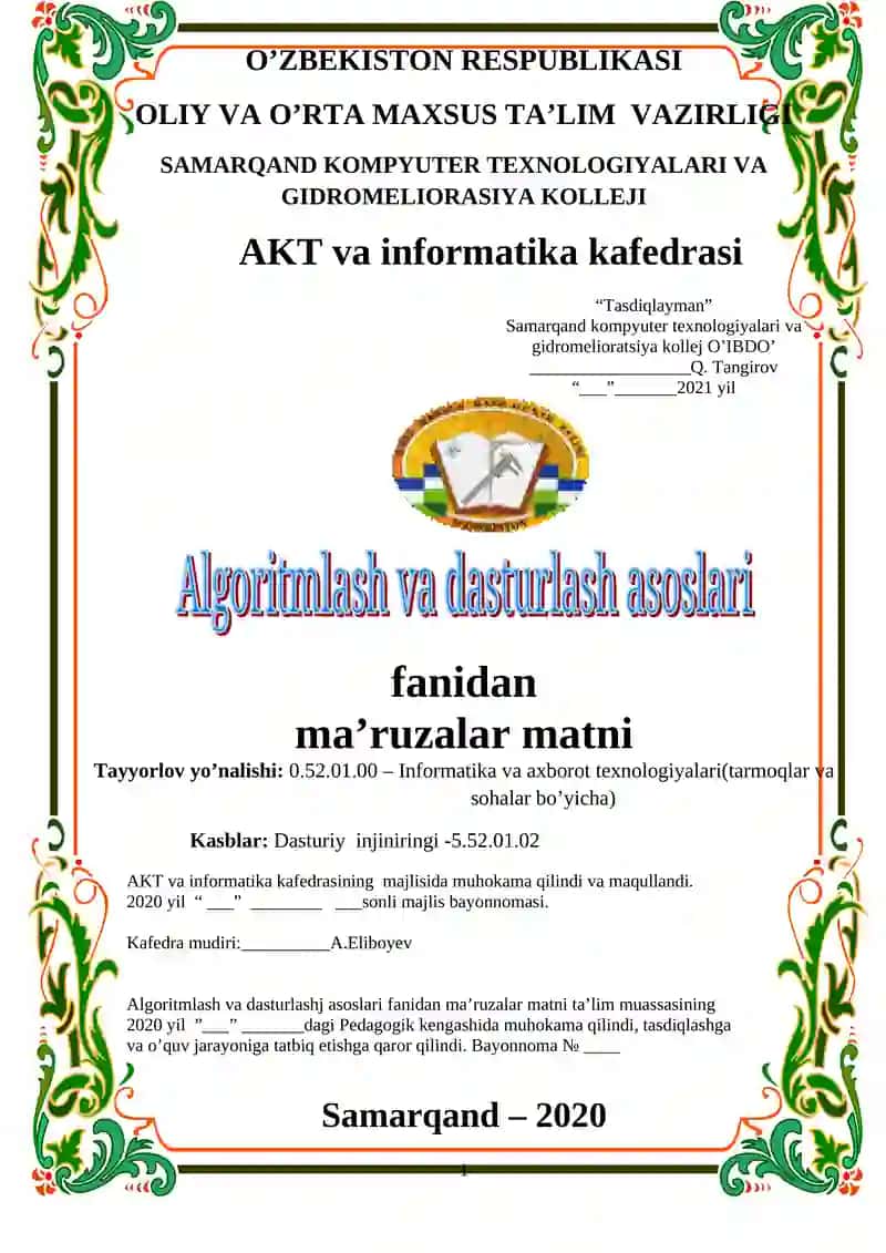 Tayyorlov yo’nalishi: 0.52.01.00 – Informatika va axborot texnologiyalari(tarmoqlar va sohalar bo’yicha)