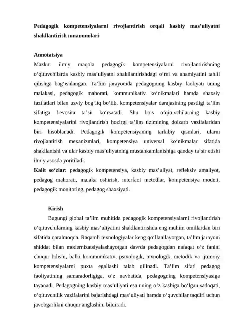 Pedagogik kompetensiyalarni rivojlantirish orqali kasbiy mas’uliyatni shakllantirish muammolari