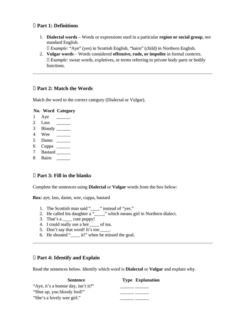Dialectal and Vulgar Words 1