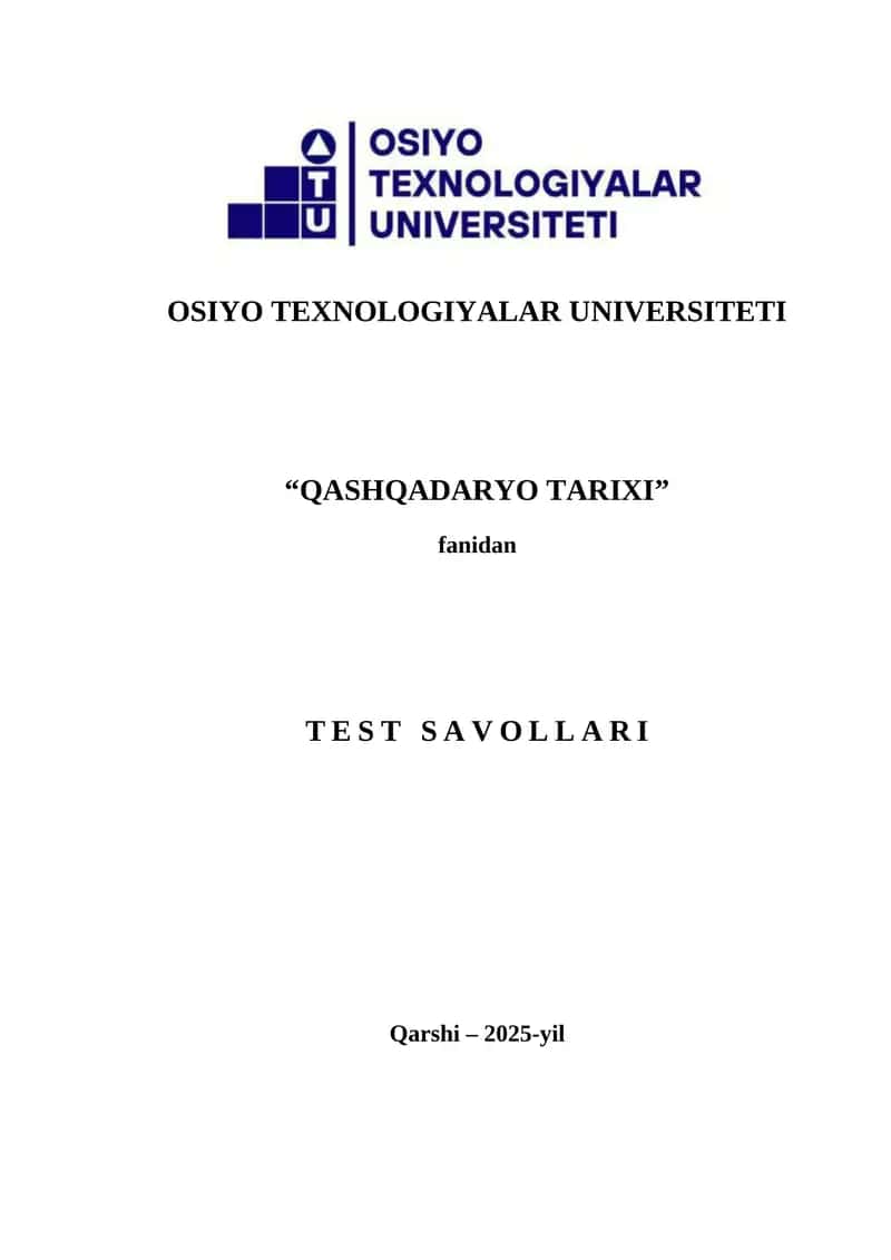QASHQADARYO TARIXI TEST SAVOLLARI 1