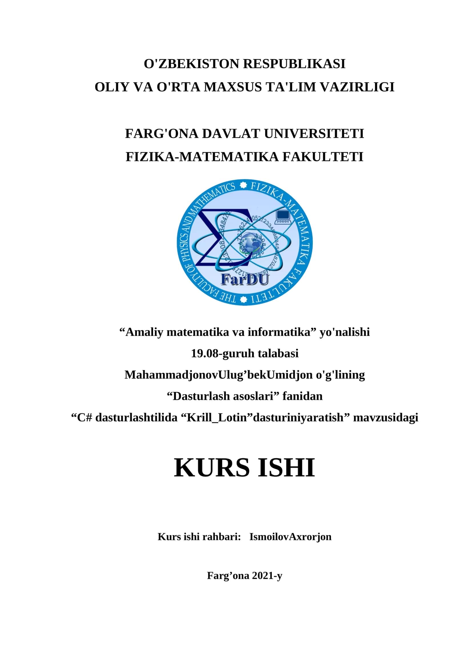 “C# dasturlashtilida “Krill_Lotin”dasturiniyaratish” 1