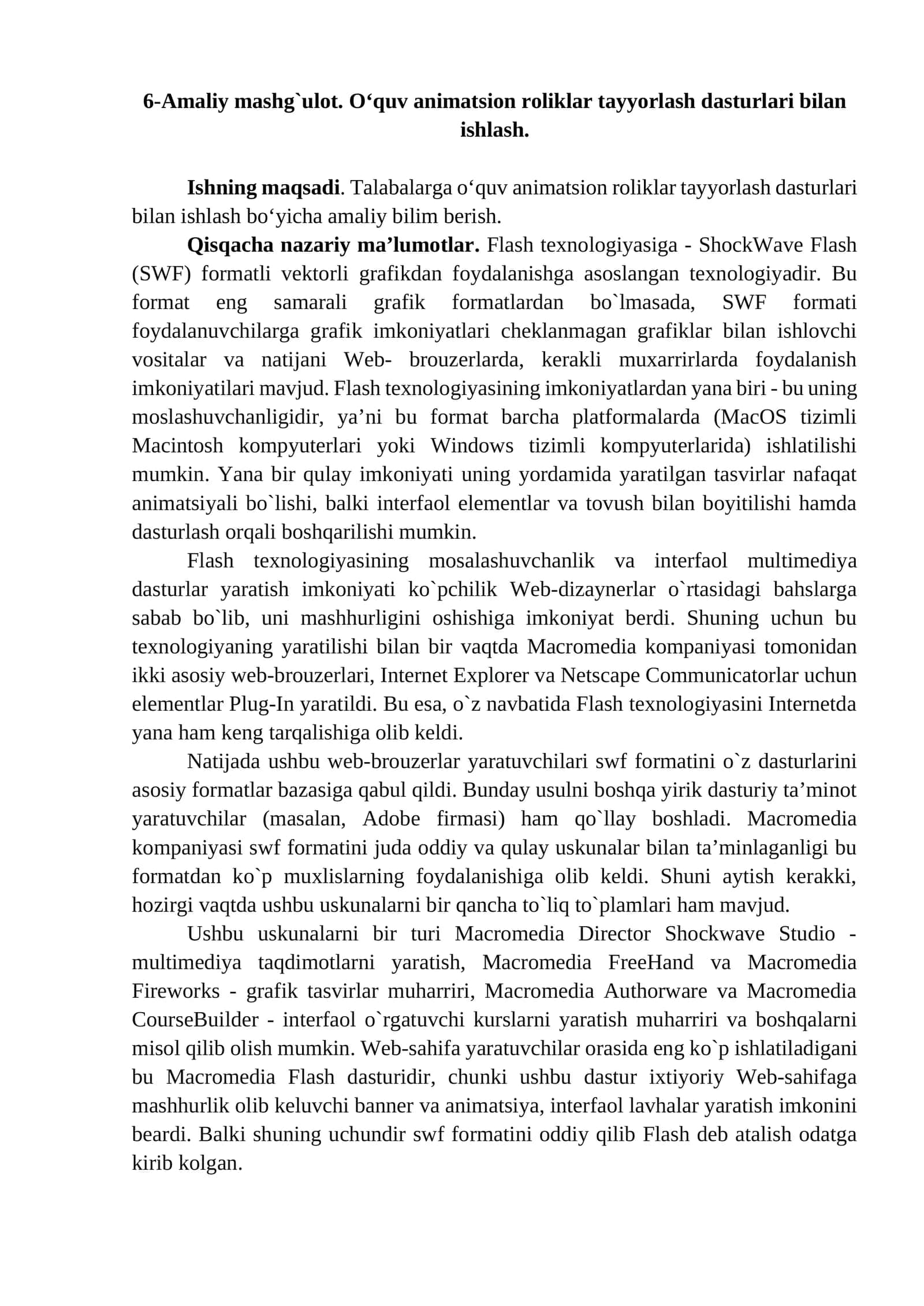 6-Amaliy mashg`ulot. O‘quv animatsion roliklar tayyorlash dasturlari bilan ishlash 1