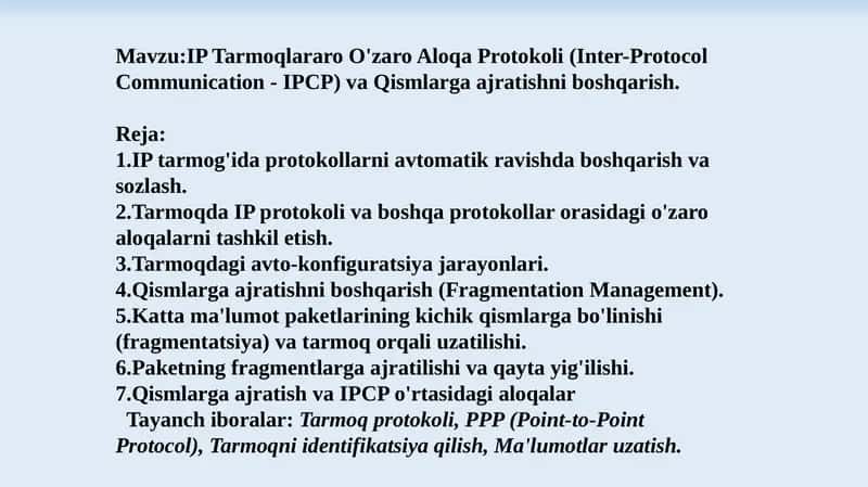 IP Tarmoqlararo O'zaro Aloqa Protokoli 1