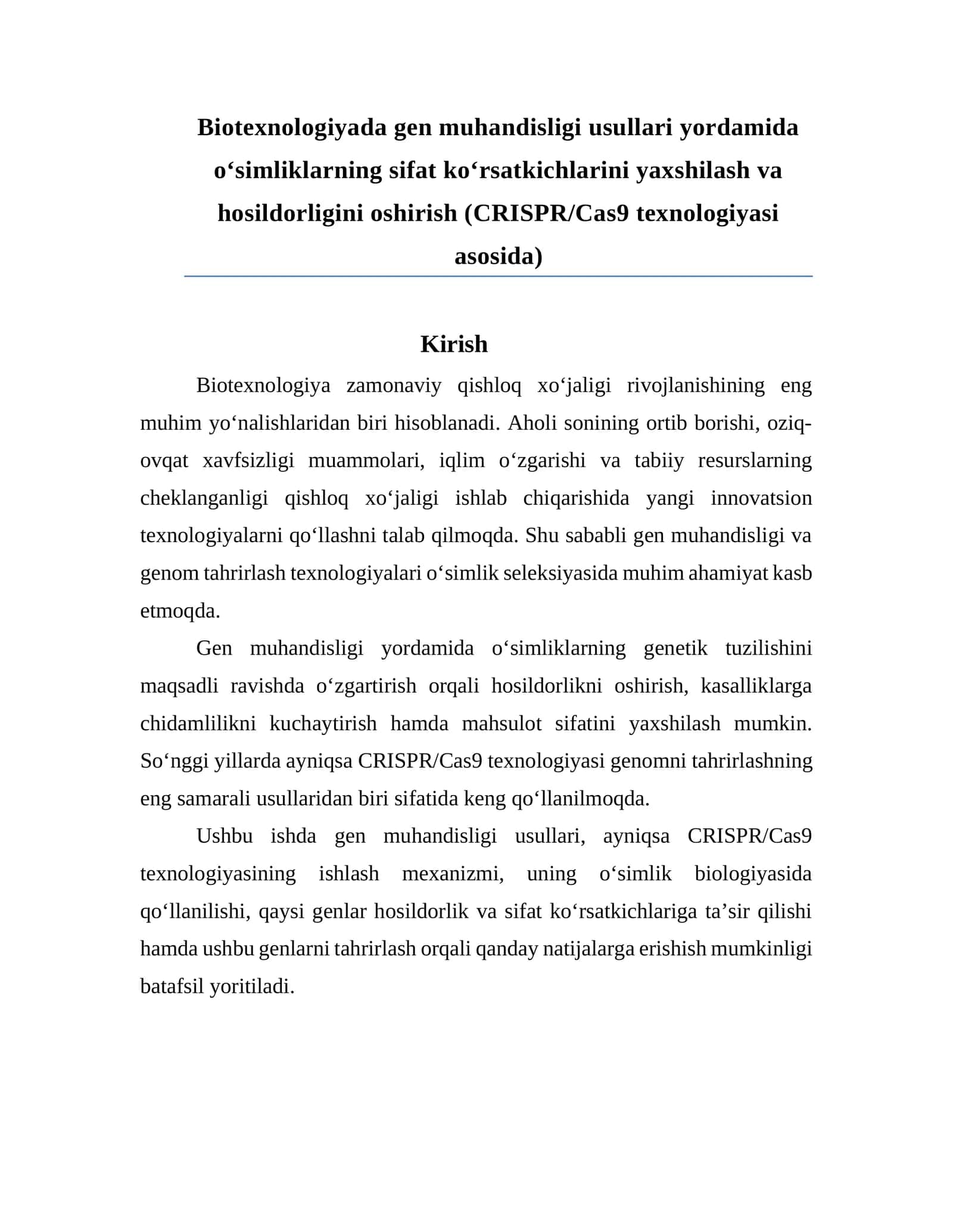 Biotexnologiyada gen muhandisligi usullari yordamida o‘simliklarning sifat ko‘rsatkichlarini yaxshilash va hosildorligini oshirish (CRISPR/Cas9 texnologiyasi 1