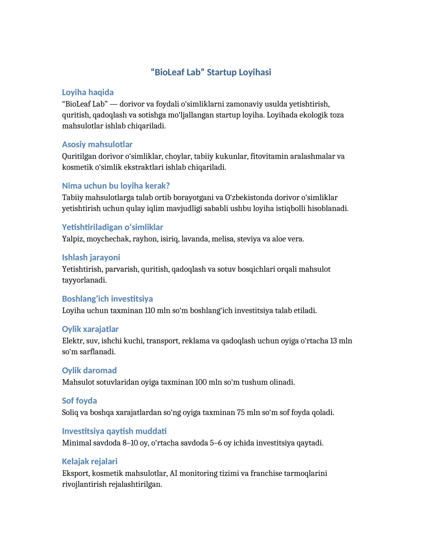 “BioLeaf Lab” Startup Loyihasi 1