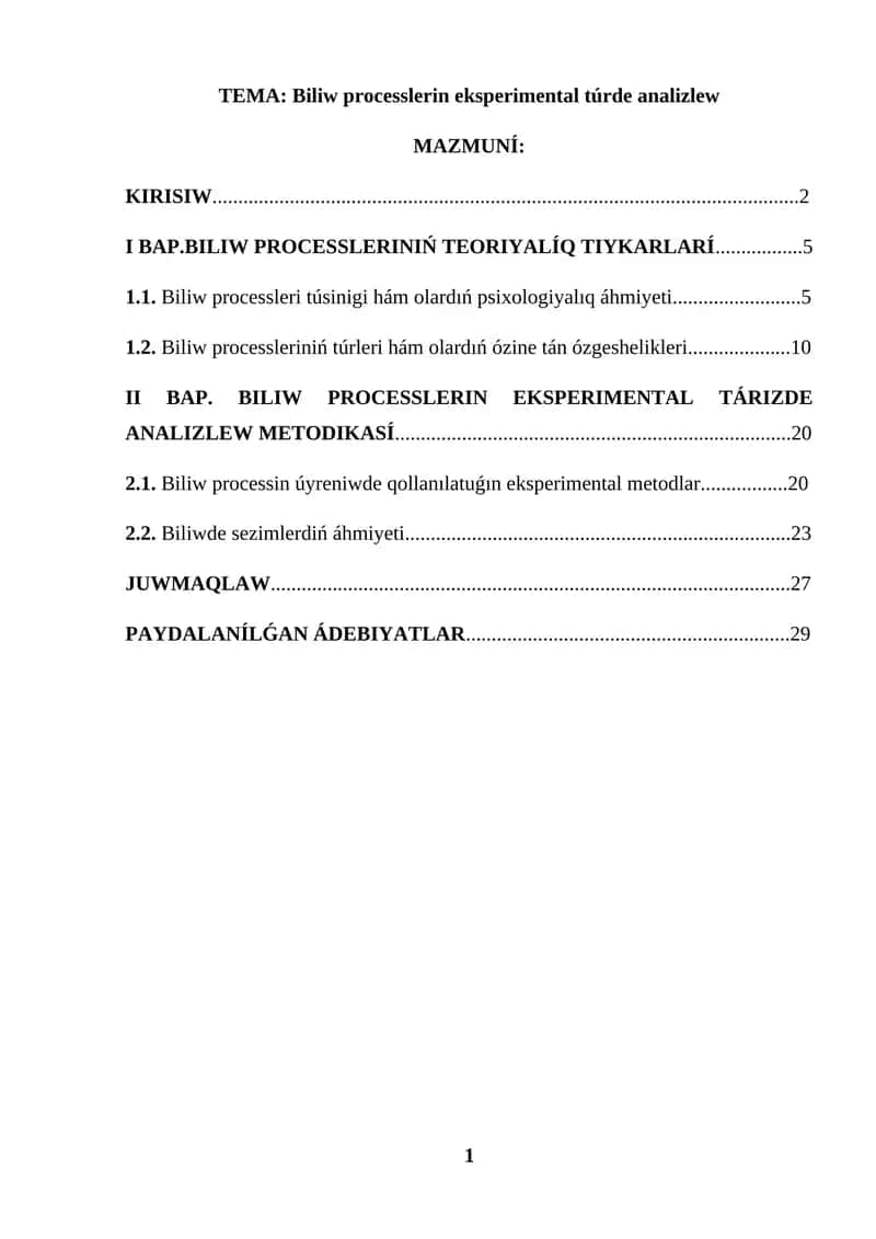 BILIW PROCESSLERIN EKSPERIMENTAL TÚRDE ANALIZLEW 1