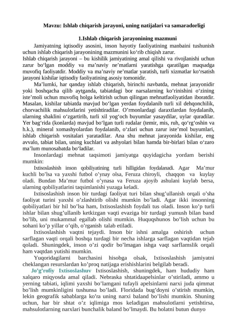 Ishlab chiqarish jarayoni, uning natijalari va samaradorligi 1