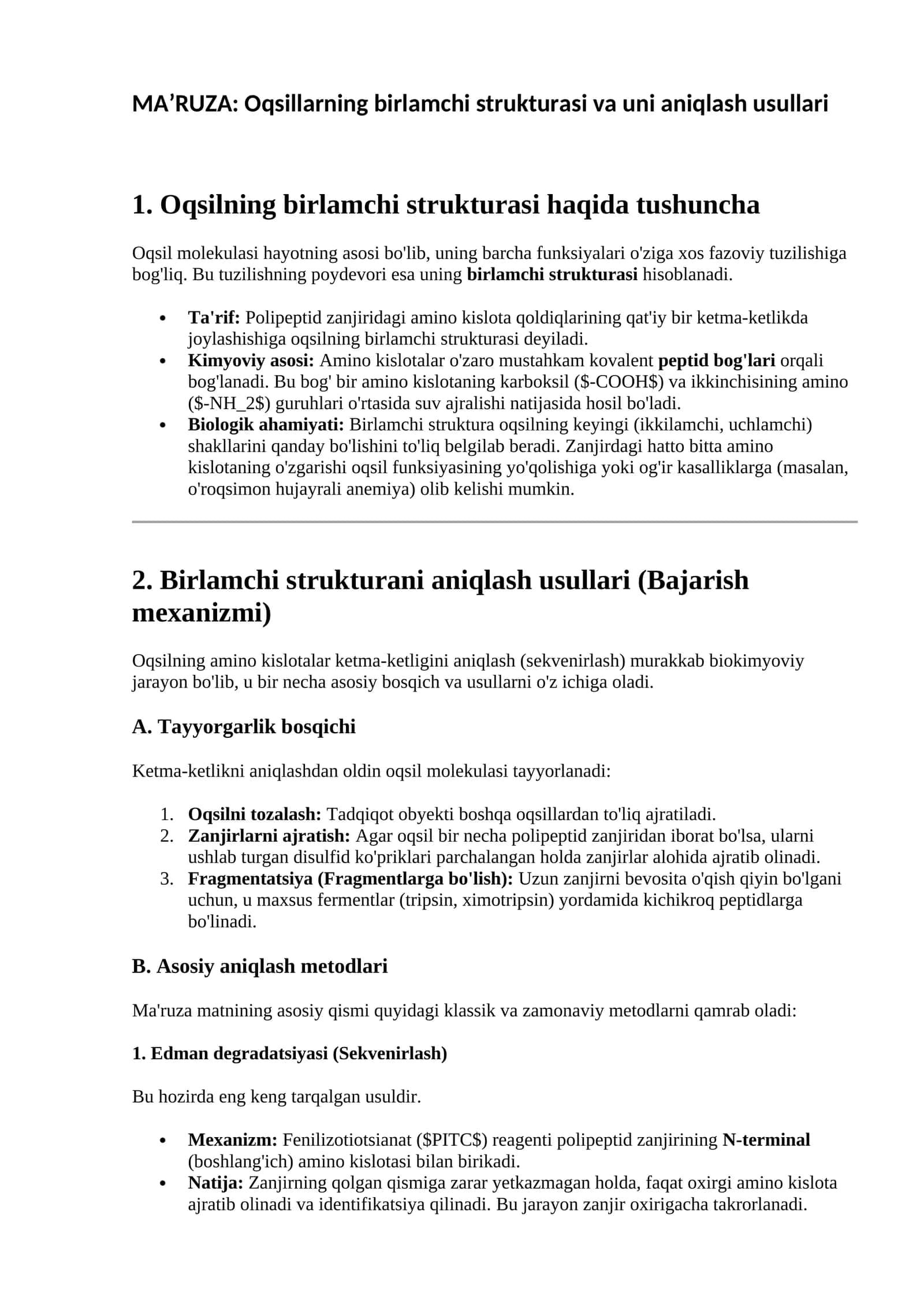 MA’RUZA: Oqsillarning birlamchi strukturasi va uni aniqlash usullari 1