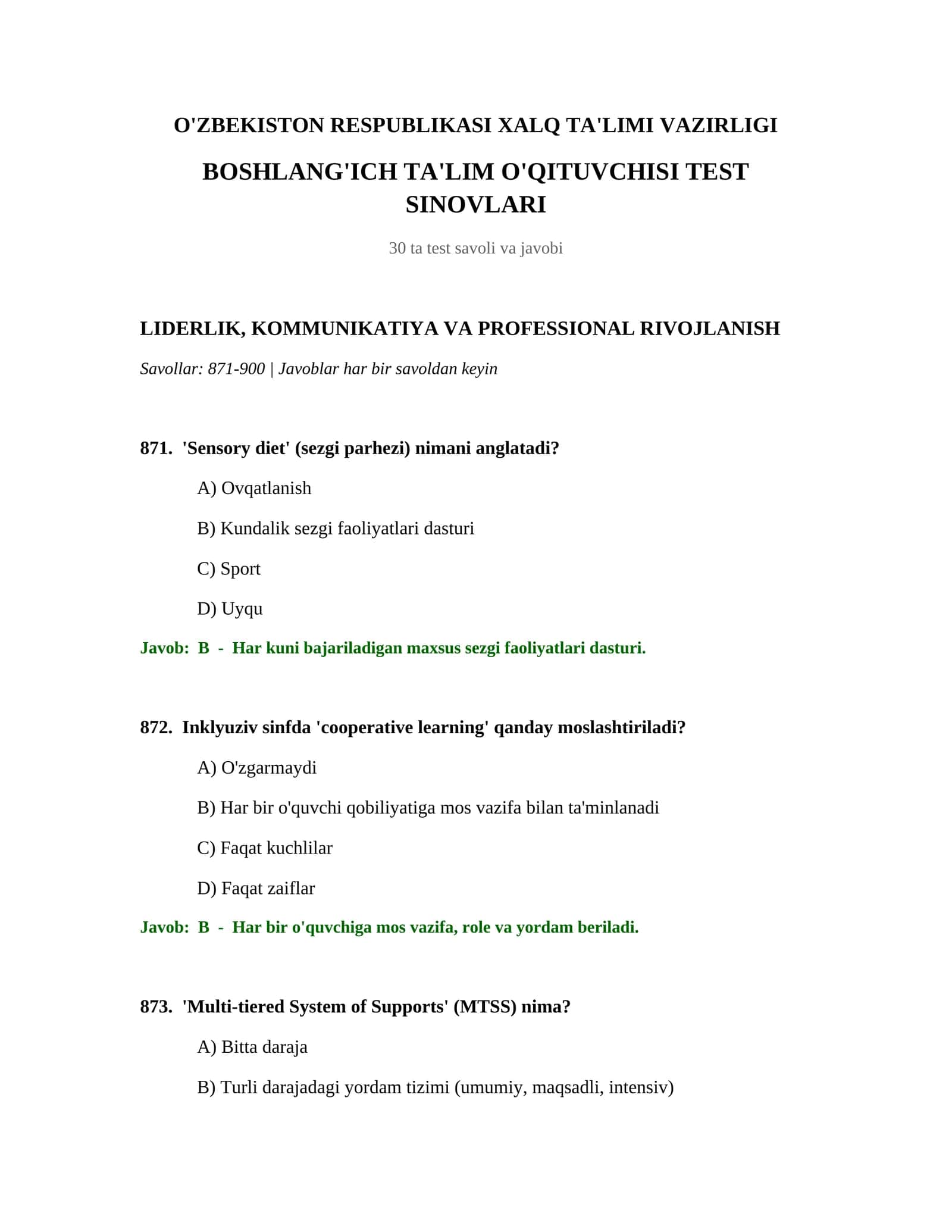BOSHLANG'ICH TA'LIM O'QITUVCHISI TEST SINOVLARI 1