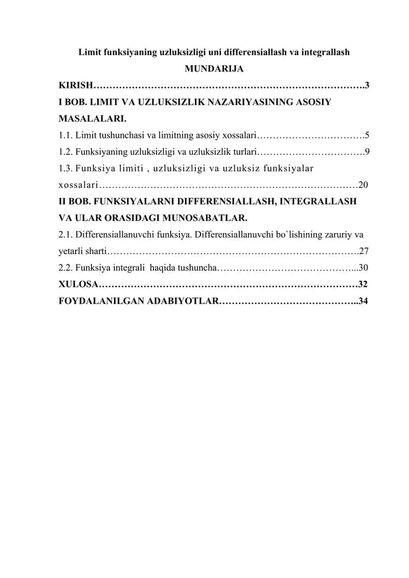 Limit funksiyaning uzluksizligi uni differensiallash va integrallash 1