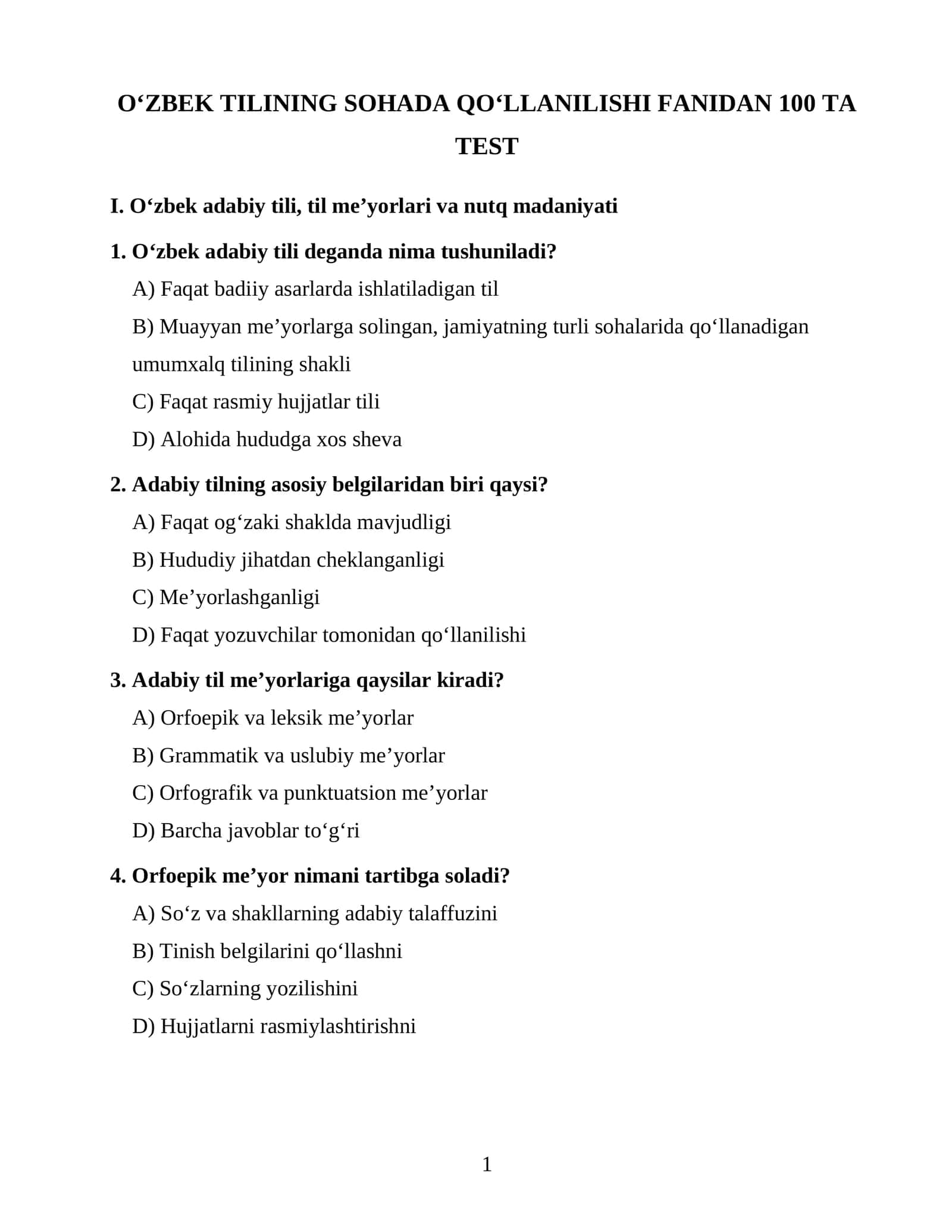 O‘ZBEK TILINING SOHADA QO‘LLANILISHI FANIDAN 100 TA TEST 1