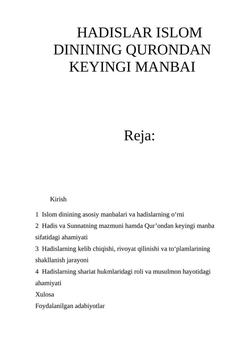 HADISLAR ISLOM DININING QURONDAN KEYINGI MANBAI 1